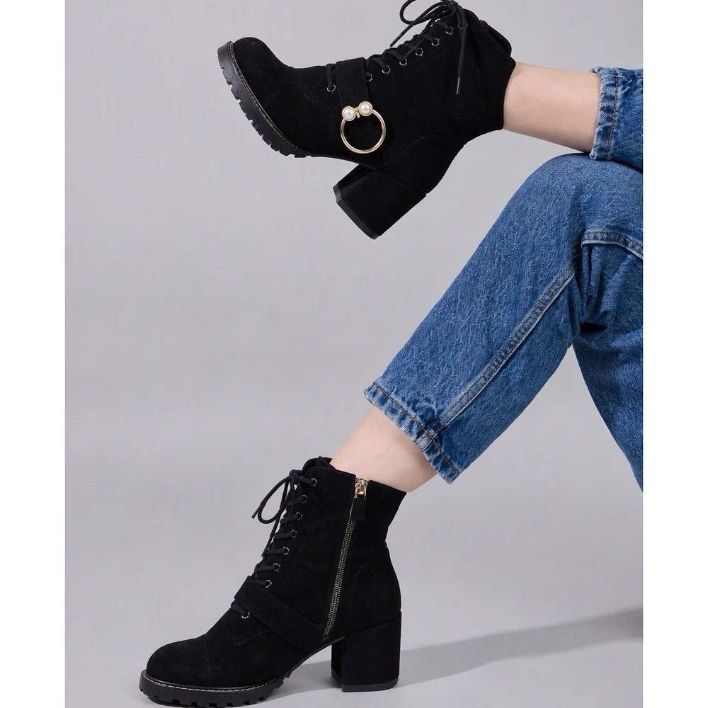 Stuart Weitzman Pearlring Lace Up 75 Bootie Ankle Boots Black Suede US 5 - SPAIN